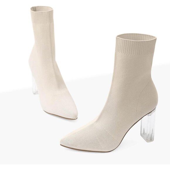 Women's Beige Knit Sock Pointed Toe Clear Mid Heel Slip-on Stretch Booties - Picture 4 of 7